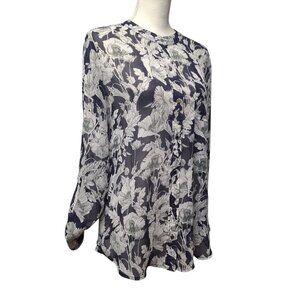 Liz Claiborne Sheer Top Button Down Blue Floral‎ Long Sleeve Medium Blouse
